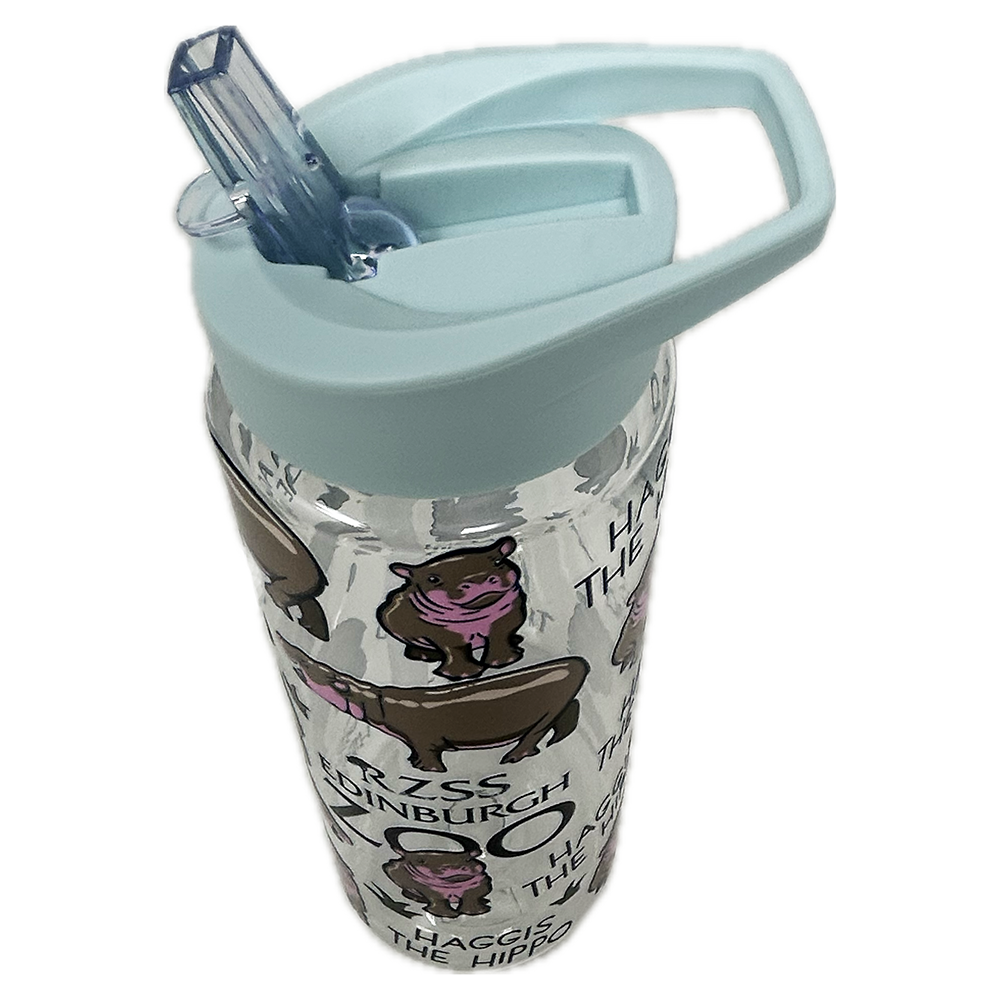 Get your hooves on this fun Haggis the Hippo water bottle with mint lid. Clear water bottle made from PET recycled plastic, with screw top lid and flip top straw drinking system.

Perfect for taking a bit of oor wee, adorable Haggis with you.