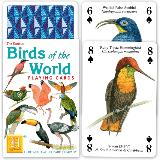 Beautifully illustrated playing cards from Heritage each depicting a species of Bird Of The World. Standard pack of 54 playing cards, each bears a colour painting by John Denaro with species and name.

‎13.46 x 6.1 x 2.54 cm