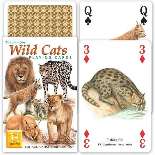 Beautifully illustrated playing cards from Heritage each depicting a species of Wild Cat. Standard pack of 54 playing cards, each bears a colour painting by John Denaro with species and name.

‎13.46 x 6.1 x 2.54 cm