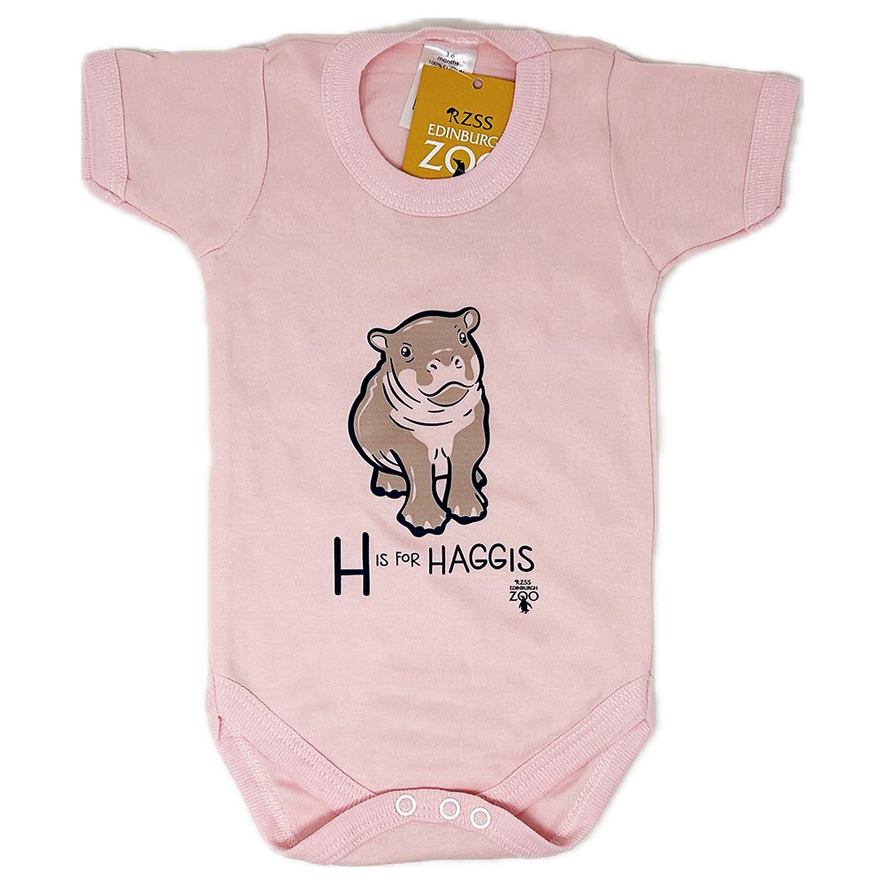 Have a little Hippo style with this Edinburgh Zoo H is for Haggis Babygrow in pink. Made from 100% cotton and featuring oor wee Haggis.

Available in ages 3-6 months, 6-12 months &amp; 12-18 months.