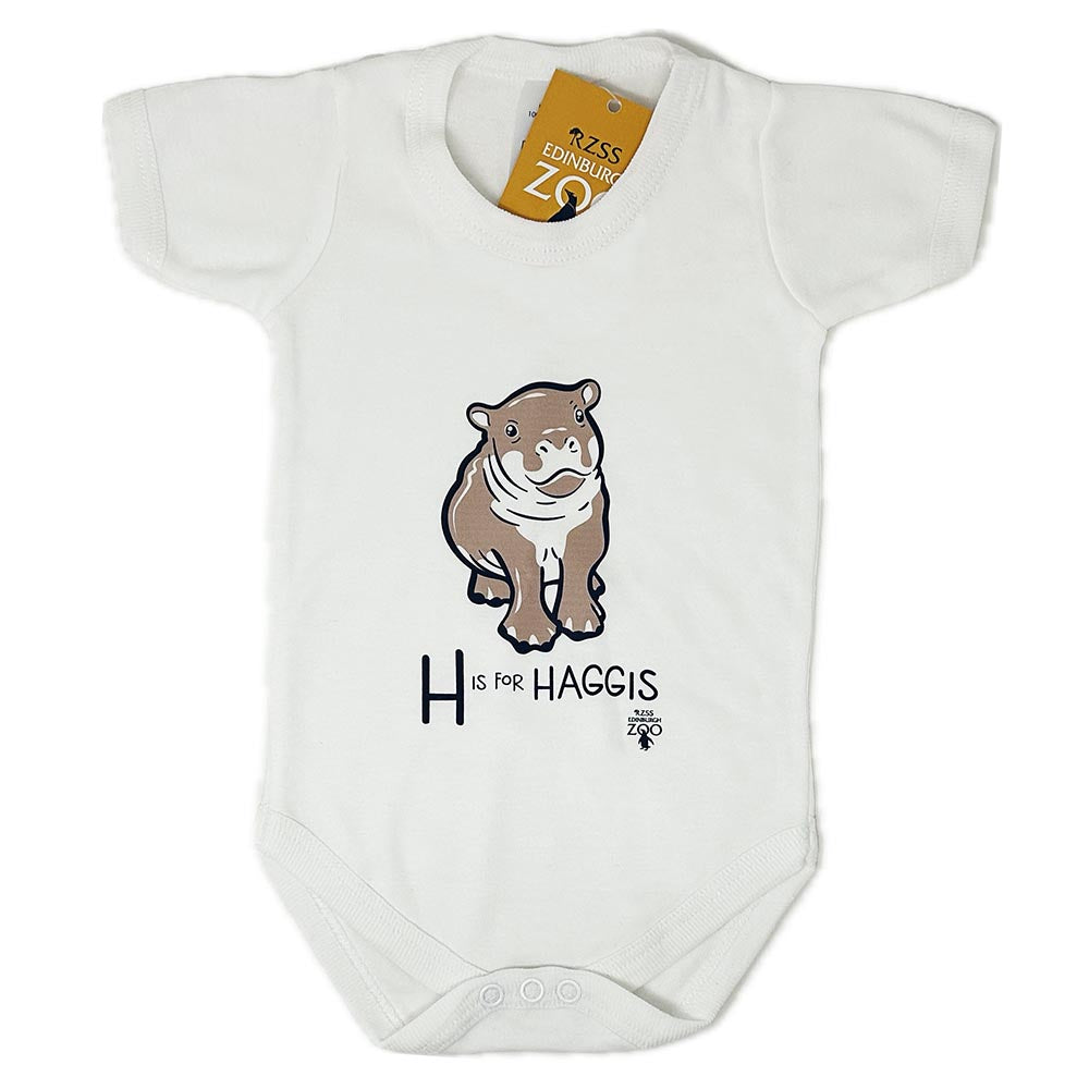 Have a little Hippo style with this Edinburgh Zoo H is for Haggis Babygrow in white. Made from 100% cotton and featuring oor wee Haggis.

Available in ages 3-6 months, 6-12 months &amp; 12-18 months.