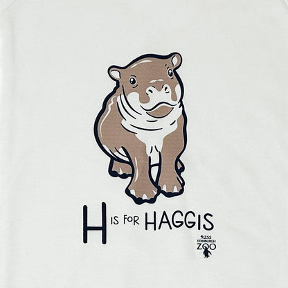 Have a little Hippo style with this Edinburgh Zoo H is for Haggis Babygrow in white. Made from 100% cotton and featuring oor wee Haggis.

Available in ages 3-6 months, 6-12 months &amp; 12-18 months.