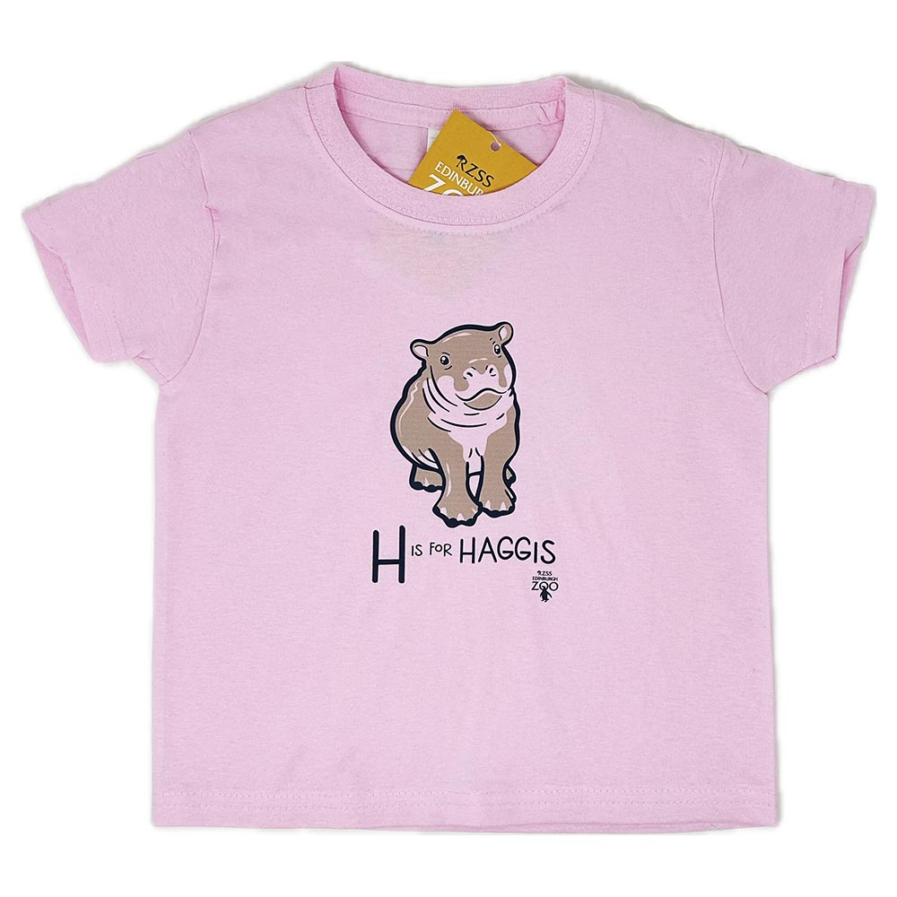 Have a little Hippo style with this Edinburgh Zoo H is for Haggis Baby T-shirt in white. Made from 100% cotton and featuring oor wee Haggis.

Available in ages 1-2 and 2-3.