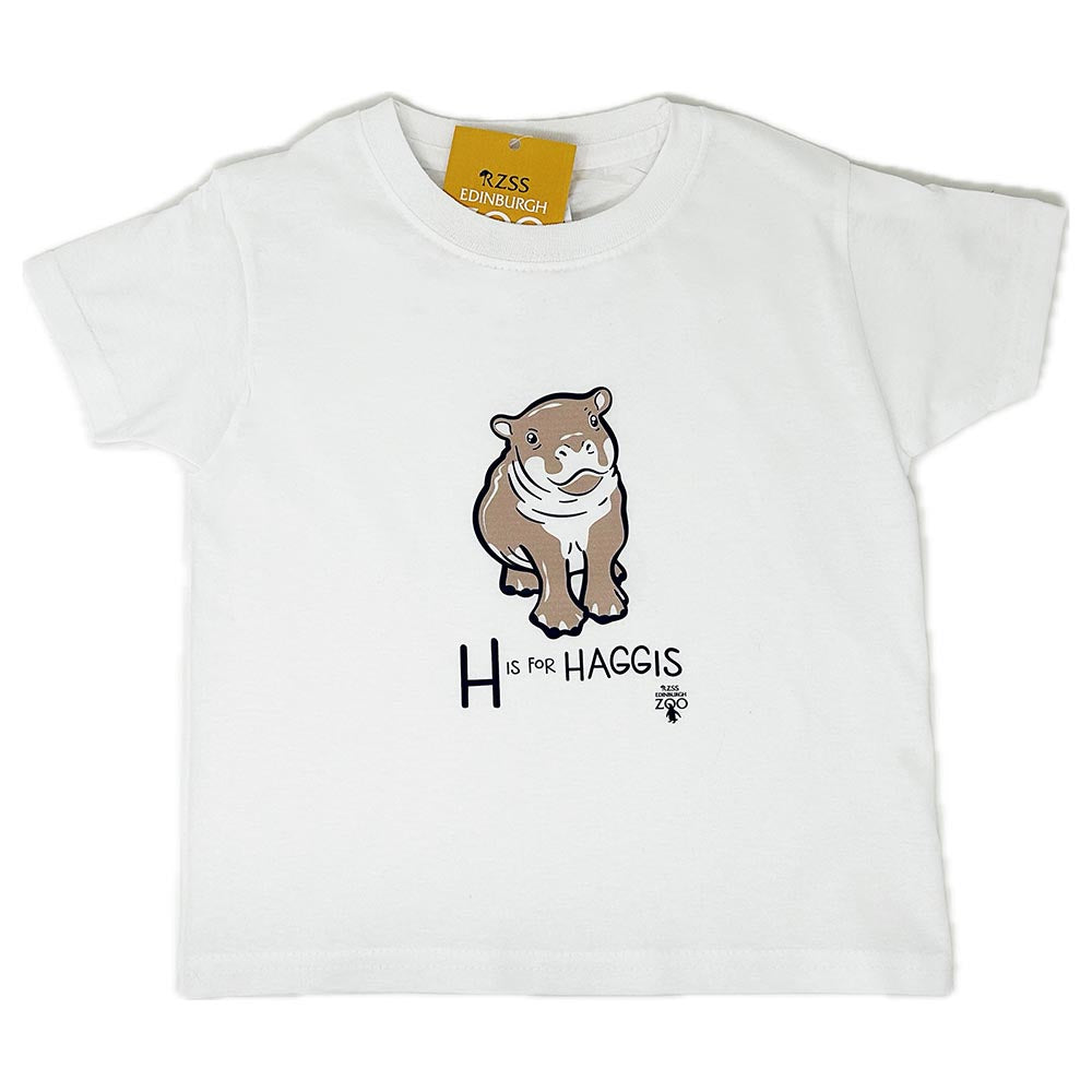 Have a little Hippo style with this Edinburgh Zoo H is for Haggis Baby T-shirt in white. Made from 100% cotton and featuring oor wee Haggis.

Available in ages 1-2 and 2-3.