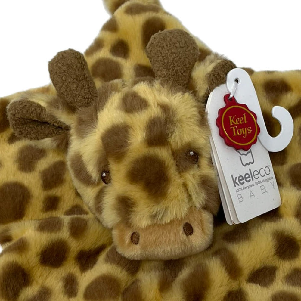 This soft 32cm Huggy Giraffe blanket is 100% Recyclable and 100% Huggable.  The perfect gift for babies.