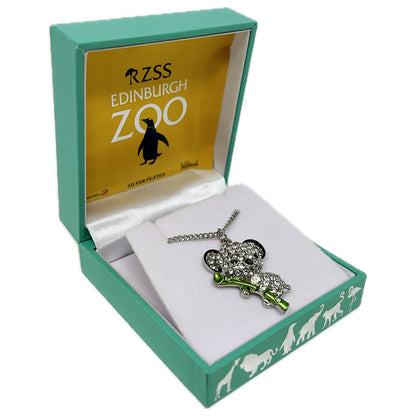 Spread some sparkle with this dazzling Edinburgh Zoo Boxed Koala Pendant. Silver plated pendant and chain, comes in an Edinburgh Zoo branded gift box.