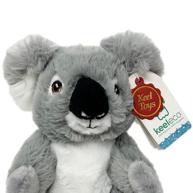 This Koala by Keel is made from 100% recycled materials. Plush body for super soft cuddling, felt nose to rub and weighted to stand perfectly.  Hand wash.  18cm tall.