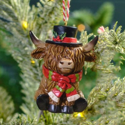 Highland Cow Top Hat & Scarf Christmas Decoration