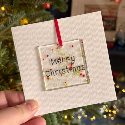Merry Christmas fused glass card with hanging decoration