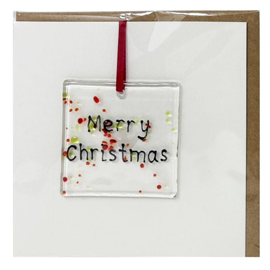 Merry Christmas fused glass card with hanging decoration