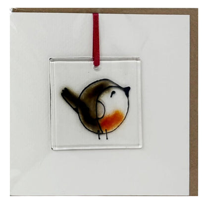 Wee robin fused glass card with hanging decoration