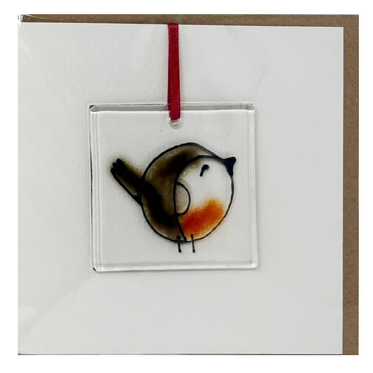 Wee robin fused glass card with hanging decoration