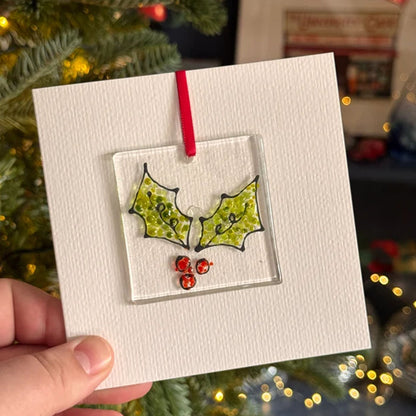 Holly fused glass card with hanging decoration (Copy)