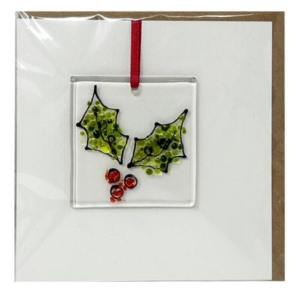 Holly fused glass card with hanging decoration (Copy)