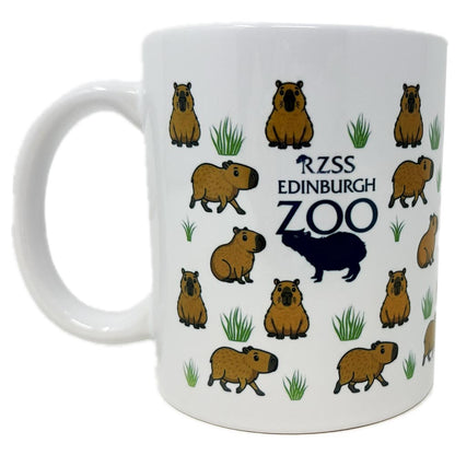White mug with capybara illustrations and 'RZSS Edinburgh Zoo' text on a white background