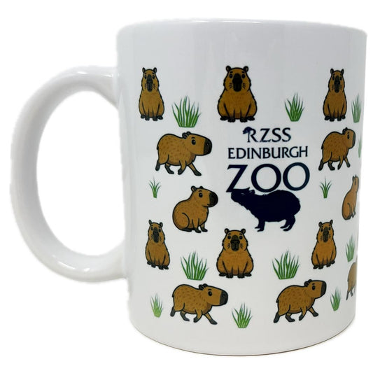 White mug with capybara illustrations and 'RZSS Edinburgh Zoo' text on a white background