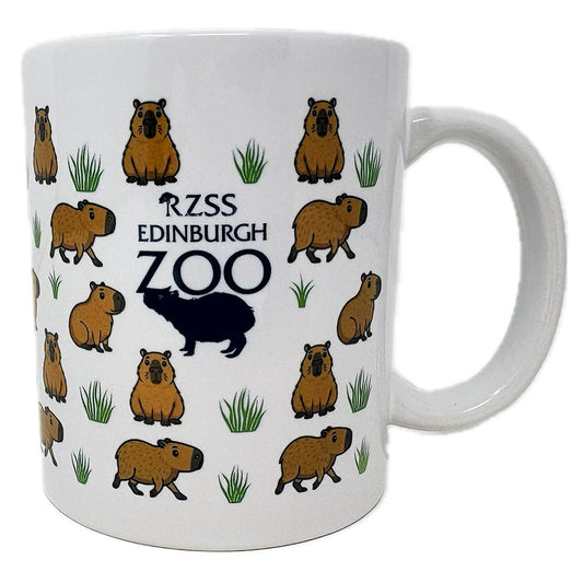 White mug with capybara illustrations and 'RZSS Edinburgh Zoo' text