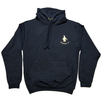 Stay warm with our Edinburgh Zoo Penguin Hooded Sweatshirt in Navy with metallic Rose Gold print. This hoody is a standard fit and is made from cotton with fleeceback inner. Sporting a kangaroo pocket at the front, metal eyelets for the thick hood strings and an adjustable hood.