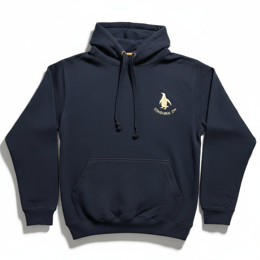 Stay warm with our Edinburgh Zoo Penguin Hooded Sweatshirt in Navy with metallic Rose Gold print. This hoody is a standard fit and is made from cotton with fleeceback inner. Sporting a kangaroo pocket at the front, metal eyelets for the thick hood strings and an adjustable hood.