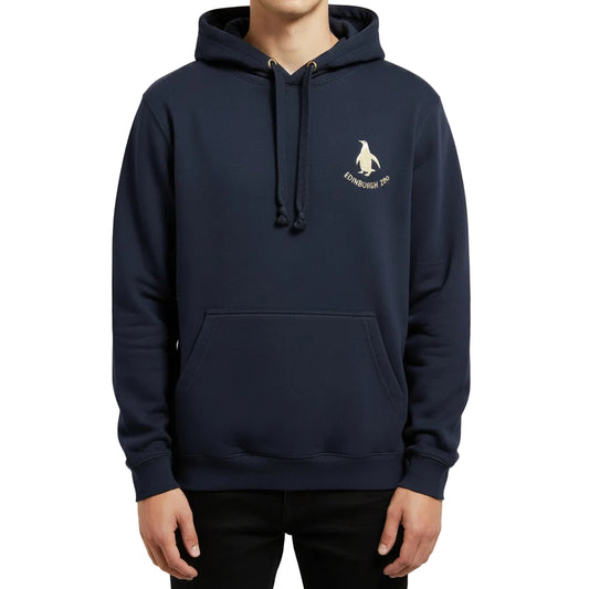 Stay warm with our Edinburgh Zoo Penguin Hooded Sweatshirt in Navy with metallic Rose Gold print. This hoody is a standard fit and is made from cotton with fleeceback inner. Sporting a kangaroo pocket at the front, metal eyelets for the thick hood strings and an adjustable hood.