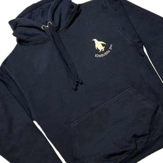 Stay warm with our Edinburgh Zoo Penguin Hooded Sweatshirt in Navy with metallic Rose Gold print. This hoody is a standard fit and is made from cotton with fleeceback inner. Sporting a kangaroo pocket at the front, metal eyelets for the thick hood strings and an adjustable hood.