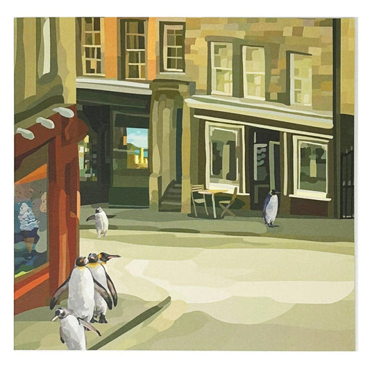 Meet our Cafe Penguins Greeting Card, featuring our mischievous penguins enjoying a day out at Edinburgh's iconic Victoria Street. Perfect for sending some fun and humor to your loved ones!