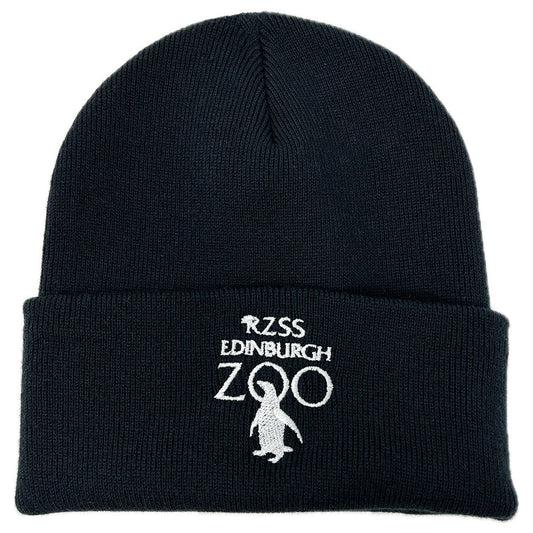 Get your mits on our Edinburgh Zoo knitted beanie in Navy, made from recycled fabric. Double thick with deep cuff, warm and sustainable.