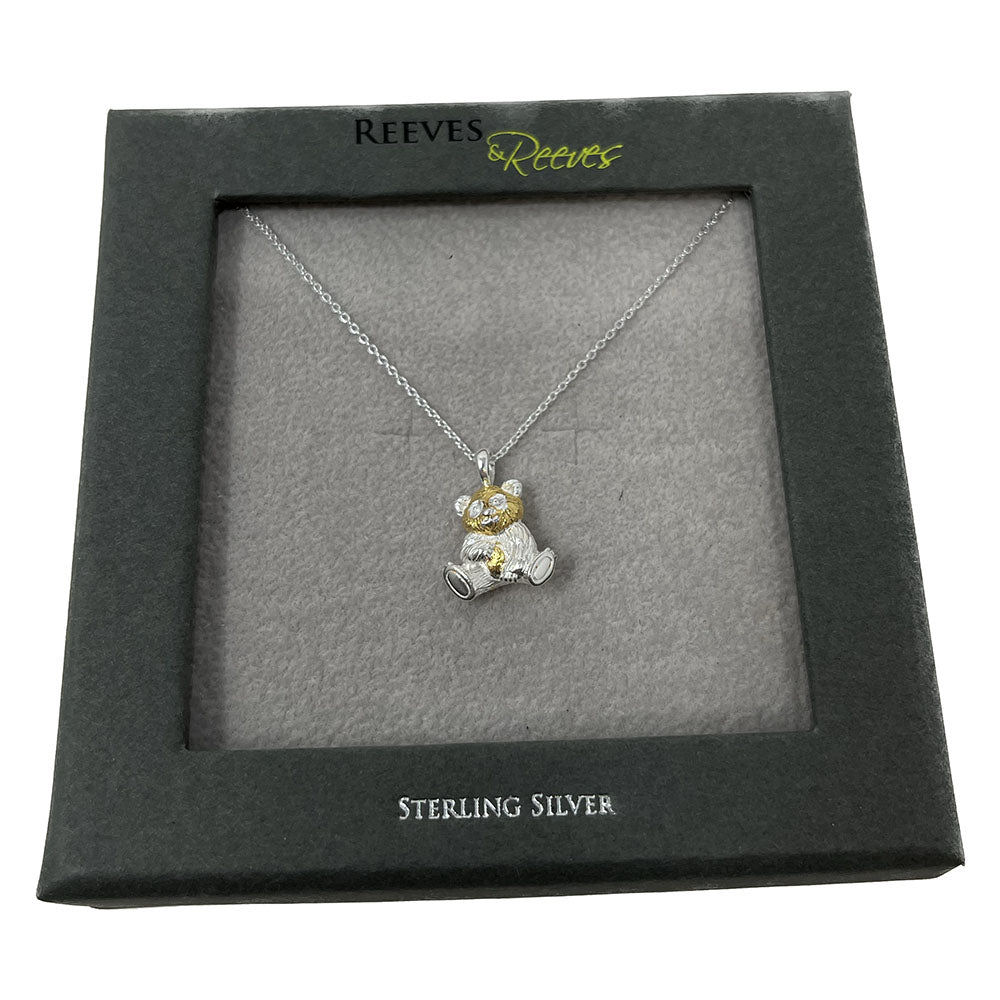 This Sterling Silver & Gold Panda Necklace from Reeves & Reeves, made exclusively for RZSS. Crafted from fine sterling silver and gold with a beautiful weight to it, the panda is lovely and playful and its high shine finish reflects the light as you move. The panda is crafted in an sitting pose and perfect for catching the attention of those who set eyes on it. The panda sits on a sterling silver chain which is adjustable from 16 to 18 inches, making it the perfect gift.