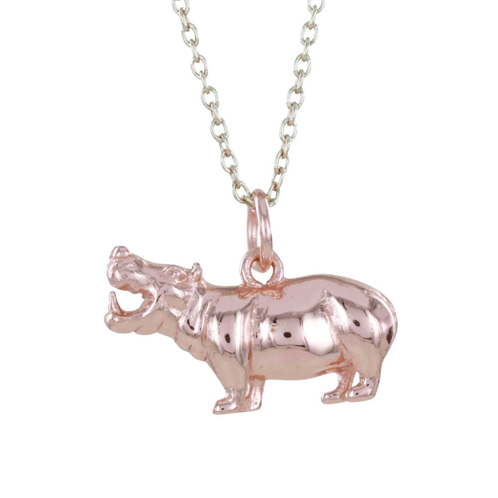 This Reeves &amp; Reeves Hippo Necklace in Sterling Silver&nbsp;with Rose Gold Vermeil (gold plate on silver) is crafted from sterling silver. The hippo exudes radiance with its lustrous coating of 18ct rose gold vermeil (plated sterling silver) and its wonderful high shine finish.&nbsp;

Rose gold vermeil&nbsp;(plated sterling silver) finish
The Hippo sits on an adjustable silver chain from 16 to 18 inches
Hippo charm measures 16mm x 7mm
Unique and designed in Dorset