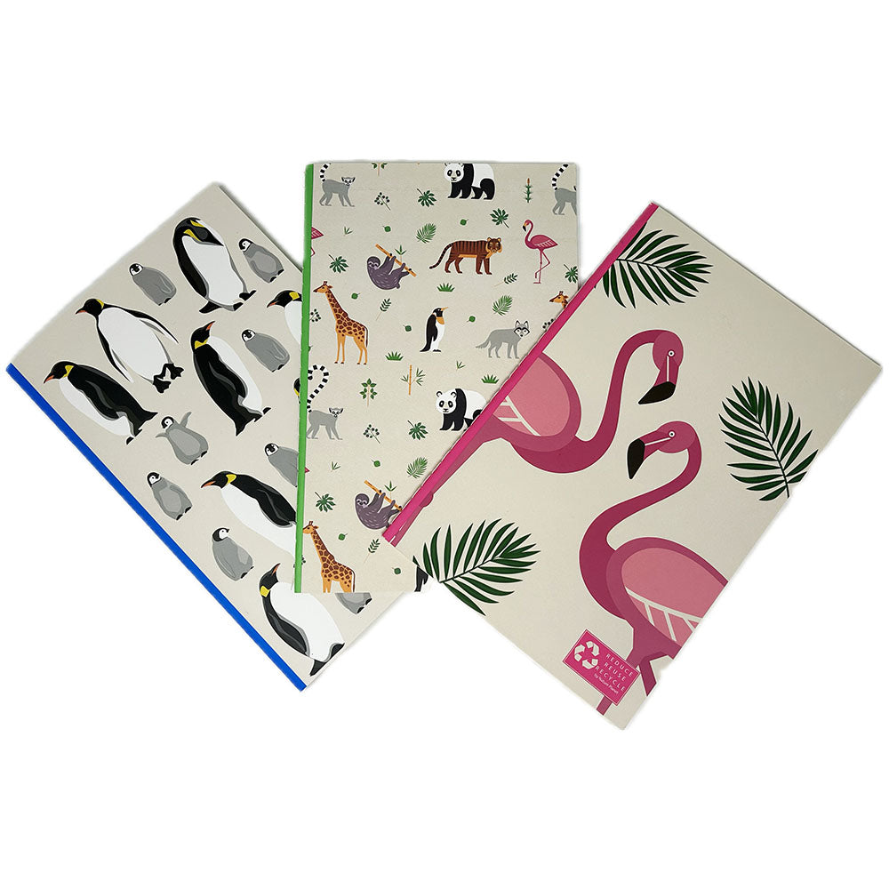 Colourful notebook with pages made from recycled paper, collect all 7 designs! Dimensions: 13cm x 20cm Available in penguin, flamingo and wildlife designs. Price shown is per notebook.