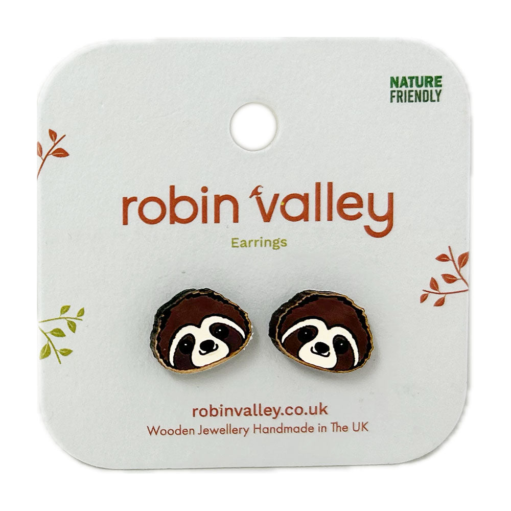 Sloth Rzss Sloth face hand painted cherrywood earrings – Royal Zoological Society ...