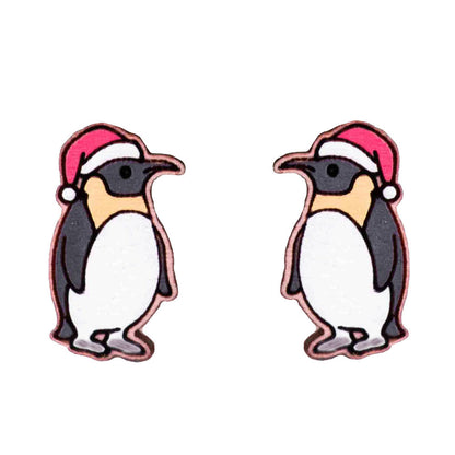 Christmas Penguin Hand Painted Cherrywood Earrings