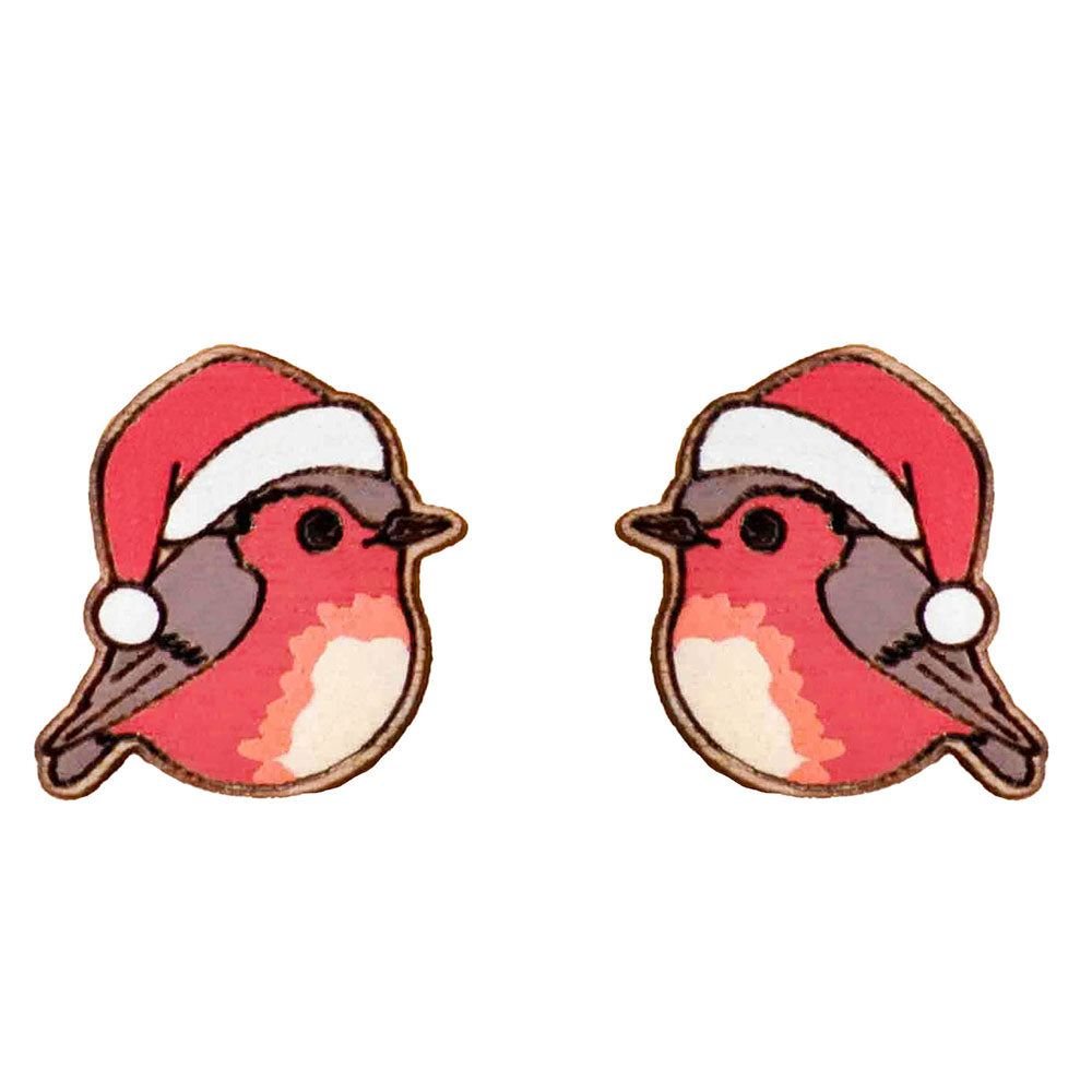 Christmas Robin Hand Painted Cherrywood Earrin