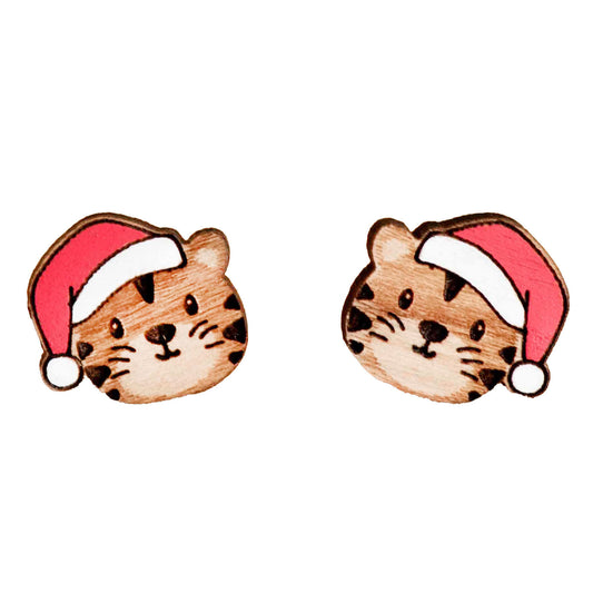 Christmas Tiger Face Hand Painted Cherrywood Earring