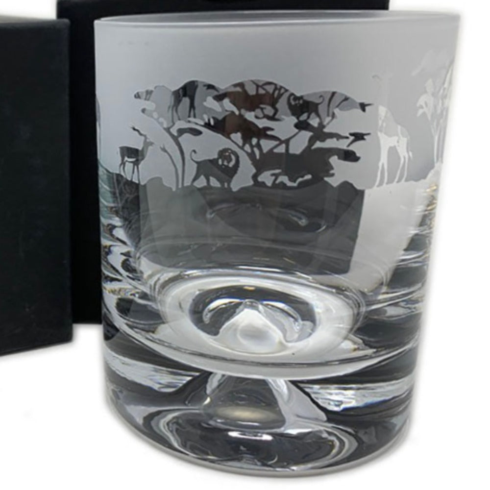 This safari design whisky tumbler is hand crafted and designed to create that perfect gift for that special person.  Dimensions: Whisky Tumbler Glass: Height: 9.5cm Width: 7.5cm  In the box Height: 10.5cm Width: 9.5cm, 