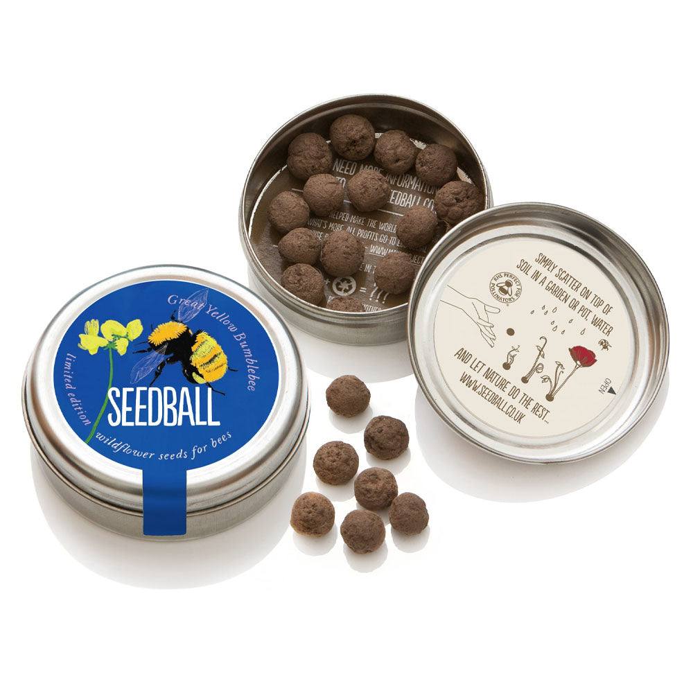 Each tin contains 20 seed balls, each with approximately 30 bumblebee-friendly wildflower seeds. These make for lovely gardening gifts, bee gifts, eco friendly gifts or birthday gifts. They will work well in window boxes, balcony pots, garden beds and wildlife gardens.