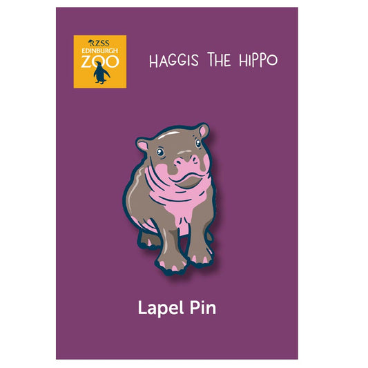 Get your hooves on this RZSS Sitting Haggis the Hippo Pin Badge.

4cm x 2.5cm in size with safety stud back release.