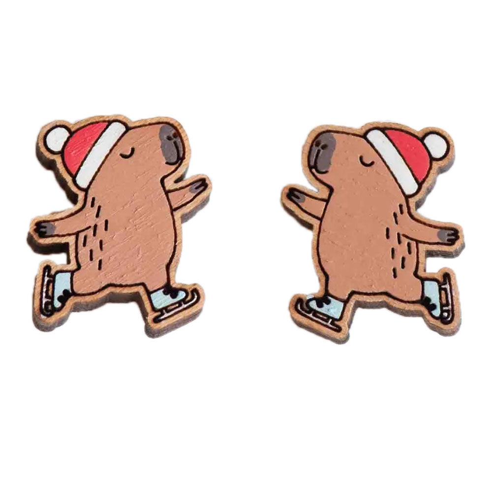 Skating Capybara Hand Painted Cherrywood Earrings
