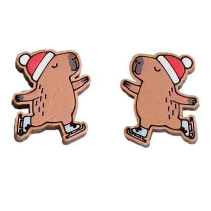 Skating Capybara Hand Painted Cherrywood Earrings