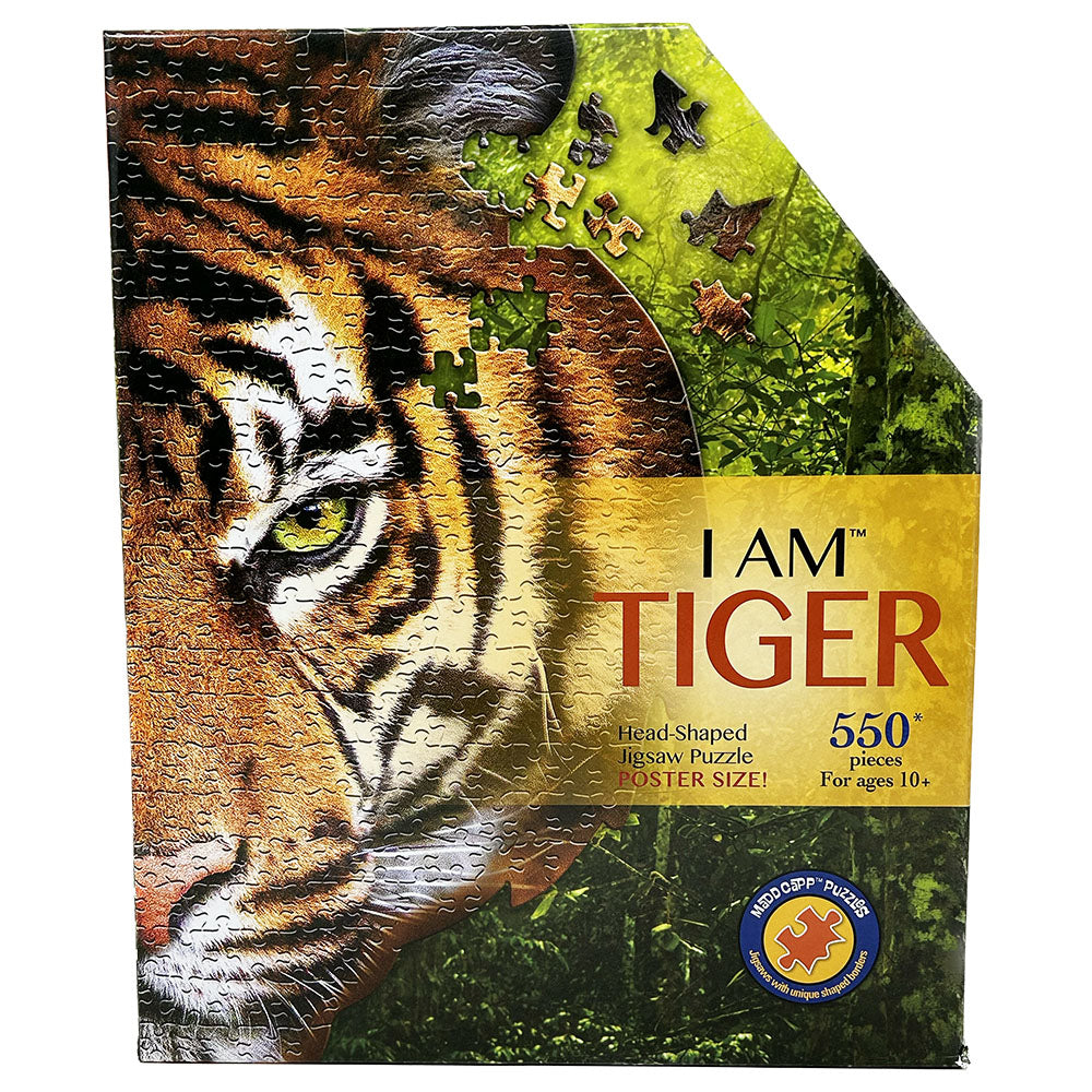 Challenge your brain and piece together an awe-inspiring sight! The I Am Tiger 550 Piece Puzzle gives you a 550-piece, paw-some puzzle of a beautiful tiger! With a semi-gloss, photo-realistic image and pieces made in a special die-cut shapes, you'll have hours of fun and ROAR-some satisfaction when you finish. Plus, you'll get to learn a few cool facts about tigers with the colorful insert included! Your puzzling tiger adventure awaits!