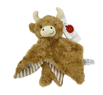 This soft 32cm Baby Hamish Highland Cow Blanket is made from 100% recycled materials and 100% Huggable.

The perfect gift for babies.