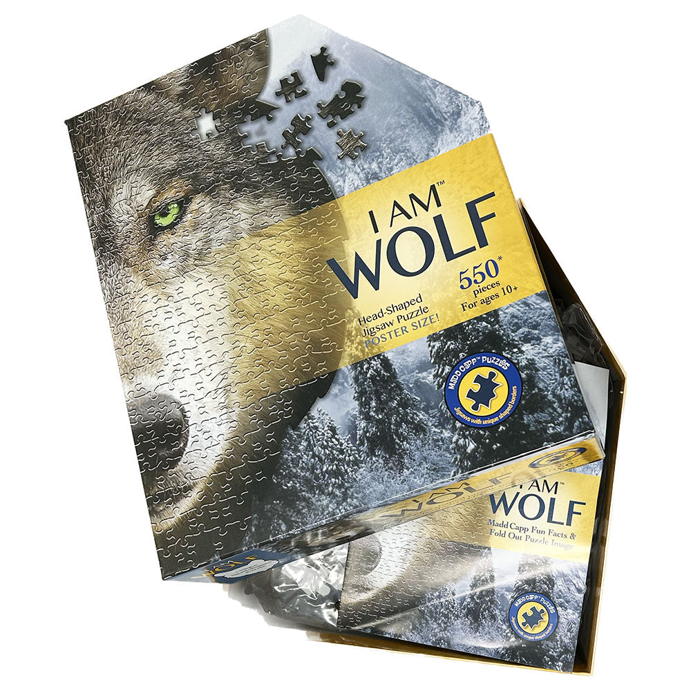 Challenge your brain and piece together an awe-inspiring sight! The I Am Wolf 550 Piece Puzzle gives you a 550-piece, paw-some puzzle of a beautiful wolf! With a semi-gloss, photo-realistic image and pieces made in a special die-cut shapes, you'll have hours of fun and&nbsp;howling with satisfaction when you finish. Plus, you'll get to learn a few cool facts about wolves with the colourful insert included!