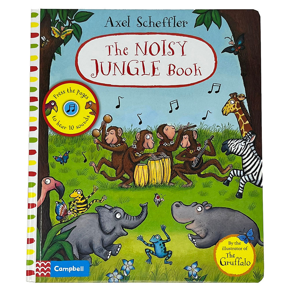 A munching giraffe, a roaring lion and a snuffling aardvark are just some of the animals making a racket down in the Noisy Jungle! With ten sounds to press, lots to spot and count and a rhyming story to share.  The Noisy Jungle Book is a gorgeous gift book young children will return to time and time again, with fantastic artwork from Axel Scheffler, illustrator of The Gruffalo.   Dimensions: 263 x 277mm Pages: 10