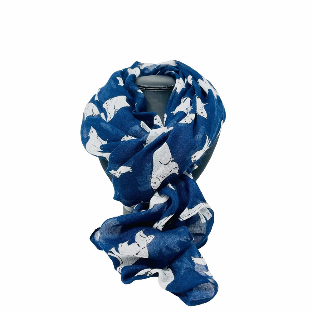 Polyester scarf that comes in 4 different colours with a Polar Bear print.   Approx. 2 meters in length. 