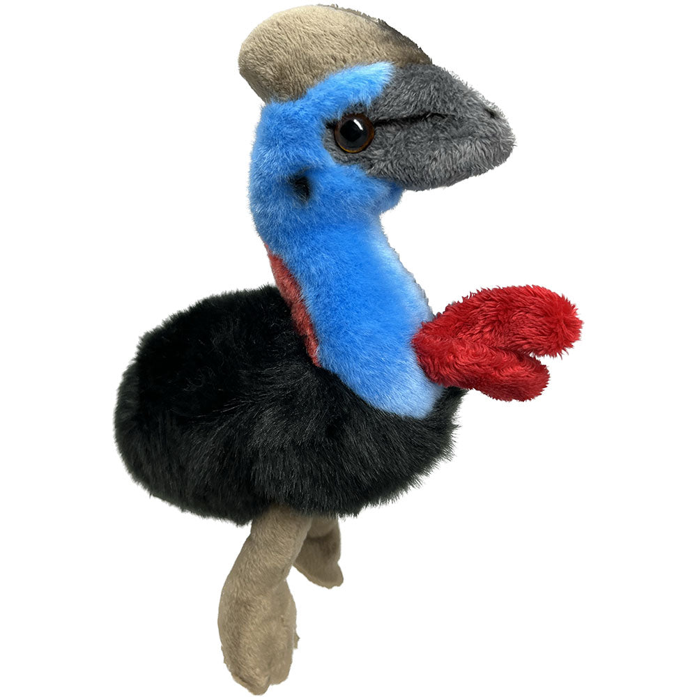 This Cassowary soft toy by Ravensden is soft and very huggable. The toy has a luscious, thick plush body ,short plush neck and legs&nbsp;and shiny safety eyes.&nbsp;This fearsome bird looks cute with his felt casque and plush wattle. Eco friendly stuffing, made with recycled plastic bottles.