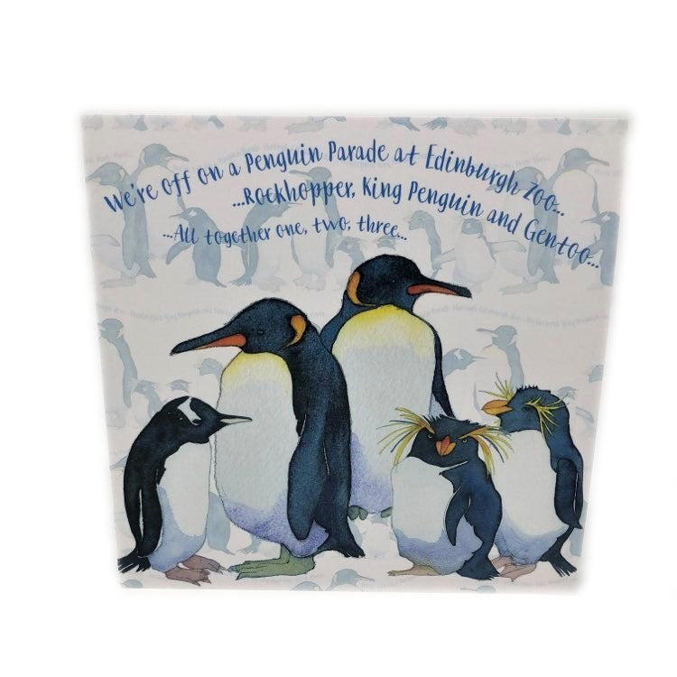 This beautiful greeting card shows an Edinburgh Zoo exclusive penguin parade design by Emma Ball.   Designed and printed in the UK. Blank inside.   Dimensions: 16cm square. 