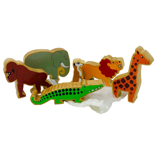 A selection of wooden figurines from Fair Trade company, Lanka Kade. Perfect for kids to stack, sort, play and even learn!  This reusable bag includes 6 colourful animals; Elephant, Lion, Gorilla, Meerkat, Crocodile and a Giraffe. Made from rubber wood.