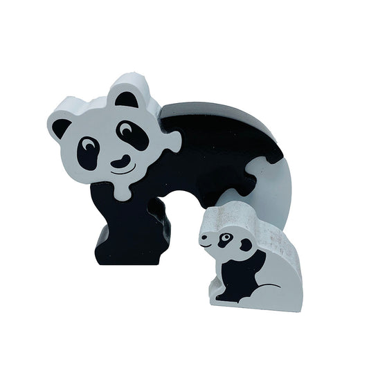 This Panda and Baby jigsaw is the ideal toy to be able to learn through playing. This jigsaw consists of four chunky pieces, is 25mm thick and can free stand when completed.  This fair trade wooden jigsaw puzzle is handcrafted by skilled individuals in Sri Lanka from MDF and nontoxic paints.  Suitable for 10 months and above.