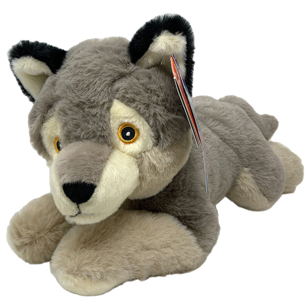 Wild Republic EcoKins Wolf soft, plush toy is 30cm long, manufactured and stuffed with 100% recycled materials. This beautiful and educational toy is environmentally friendly and huggable.  Hand wash.