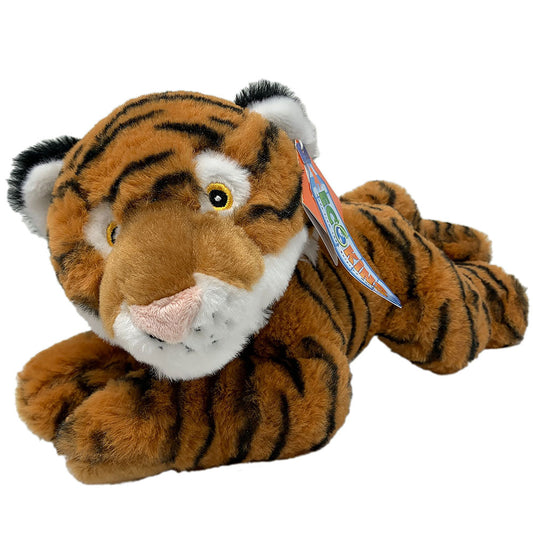 Wild Republic EcoKins Tiger soft, plush toy is 35cm long, manufactured and stuffed with 100% recycled PET materials. This beautiful and educational toy is environmentally friendly, made from 16 recycled water bottles and extremely huggable. Hand wash. 30cm